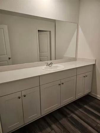 a bathroom with a sink and mirror