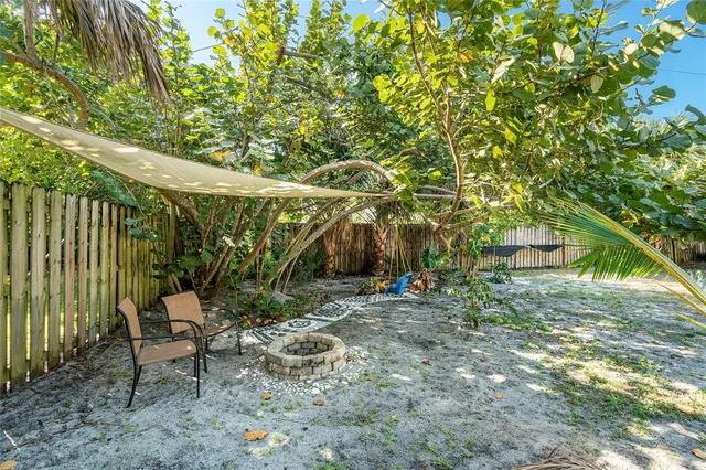 a backyard of a house with table and chairs
