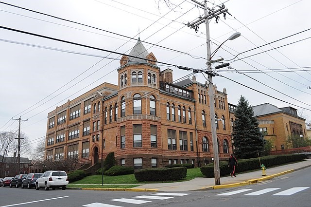 a large building with a sign on it