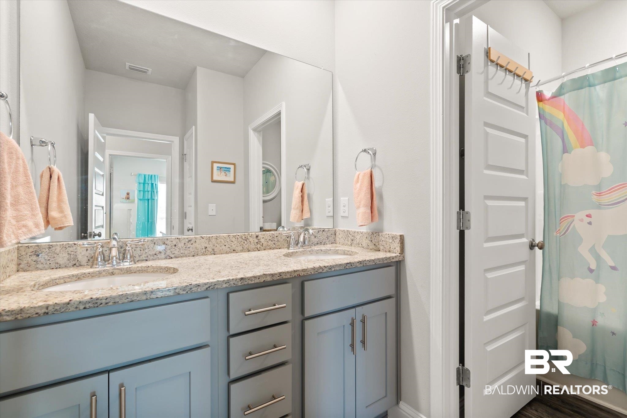 12899 Sanderling Loop Daphne, AL 36527 - Photo 21 of 28 Bathroom with vanity, a shower with curtain, and wood-type flooring