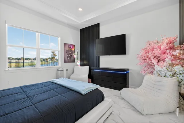 an aerial view of a house with a garden