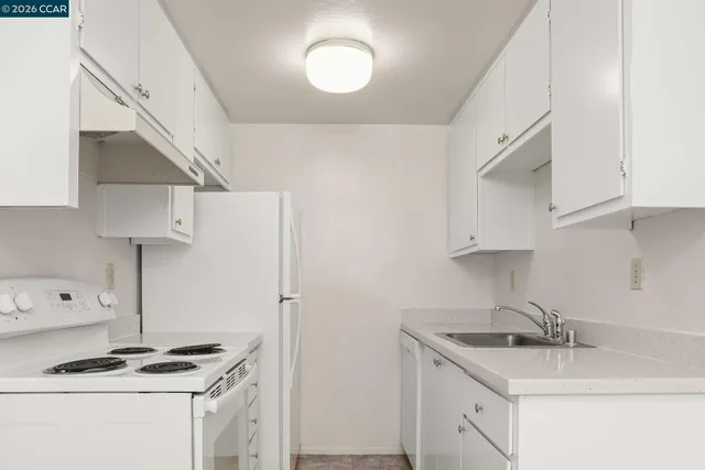 a kitchen with a sink a stove and a refrigerator