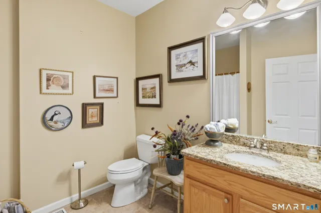 a bathroom with a granite countertop toilet sink and mirror