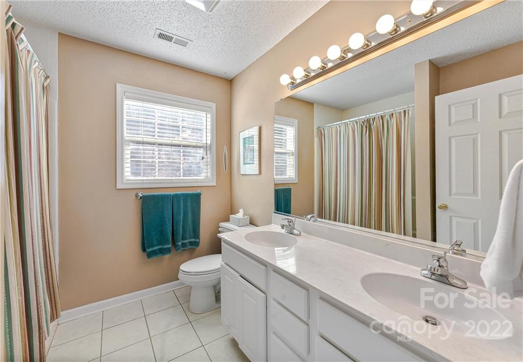 505 Kings Ridge Asheville, NC 28804 - Photo 32 of 38 a bathroom with a granite countertop sink a toilet and a mirror