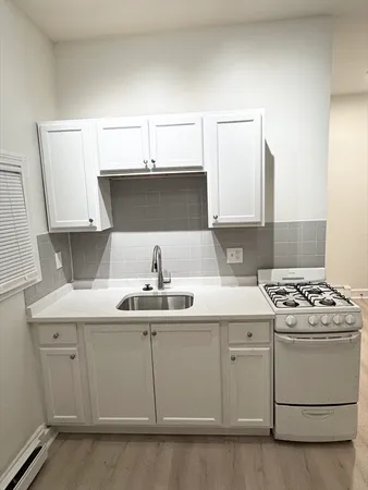 a kitchen with a sink a stove and cabinets