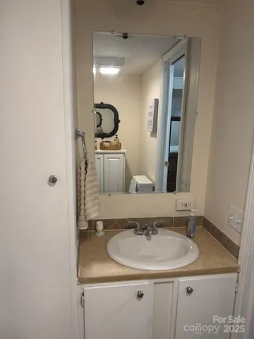 a bathroom with a sink and a mirror