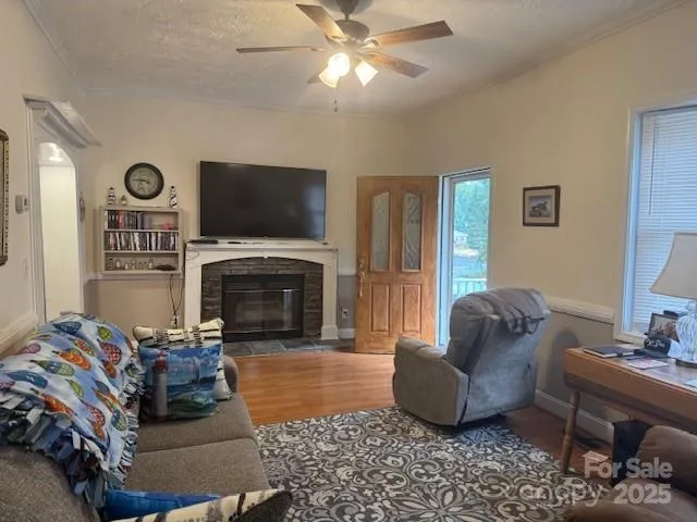 a living room with furniture a flat screen tv and a fireplace