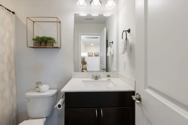 a bathroom with a sink vanity and a toilet