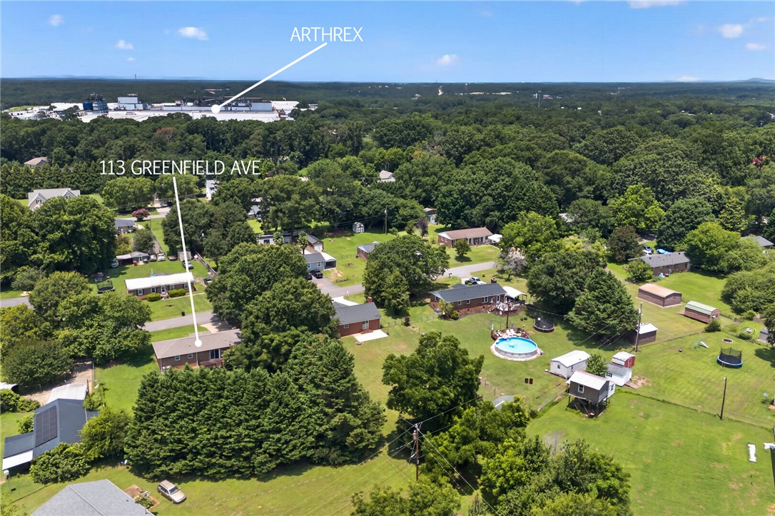 113 Greenfield Avenue Pendleton, SC 29670 - Photo 35 of 40 An aerial perspective reveals a serene residential area nestled amongst mature trees, with a pool enhancing backyard leisure.