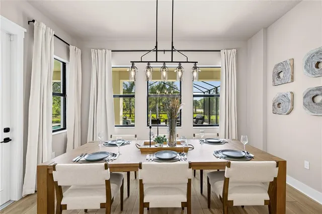 a view of a dining room with furniture window and outside view