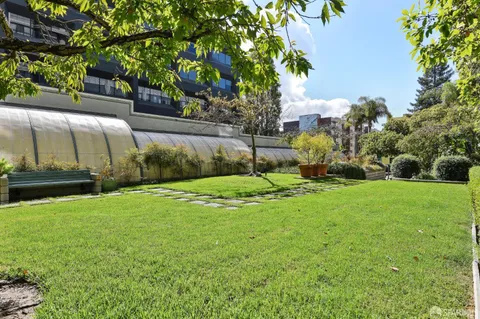 a view of a garden with a bench