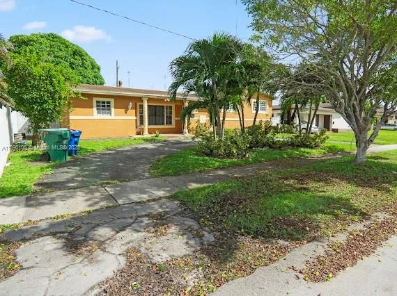 a view of a yard with plants and trees