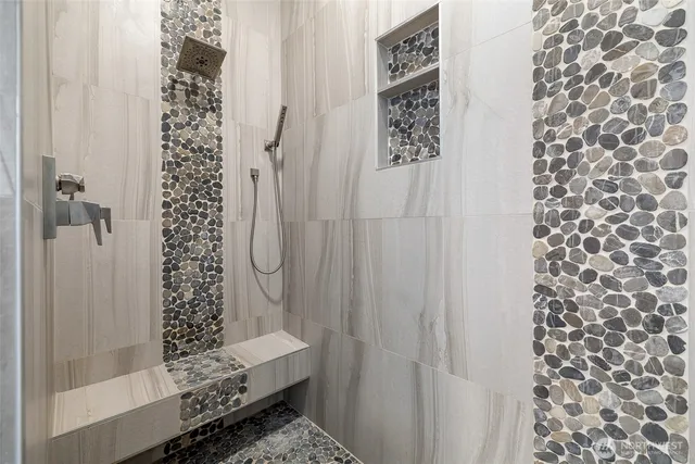 a bathroom with a shower curtain