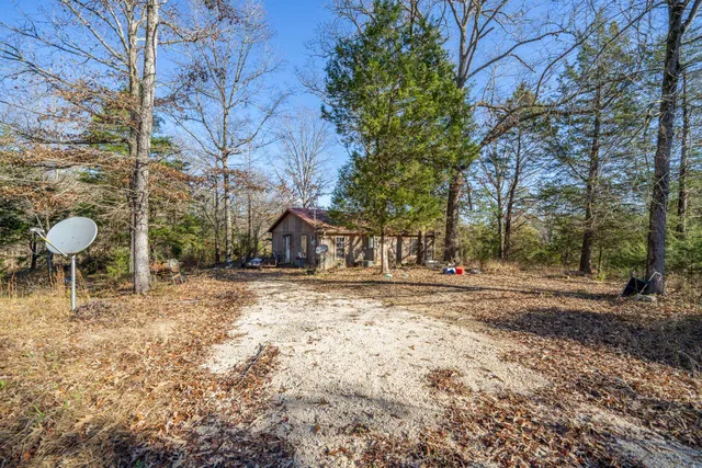a view of a yard with large trees