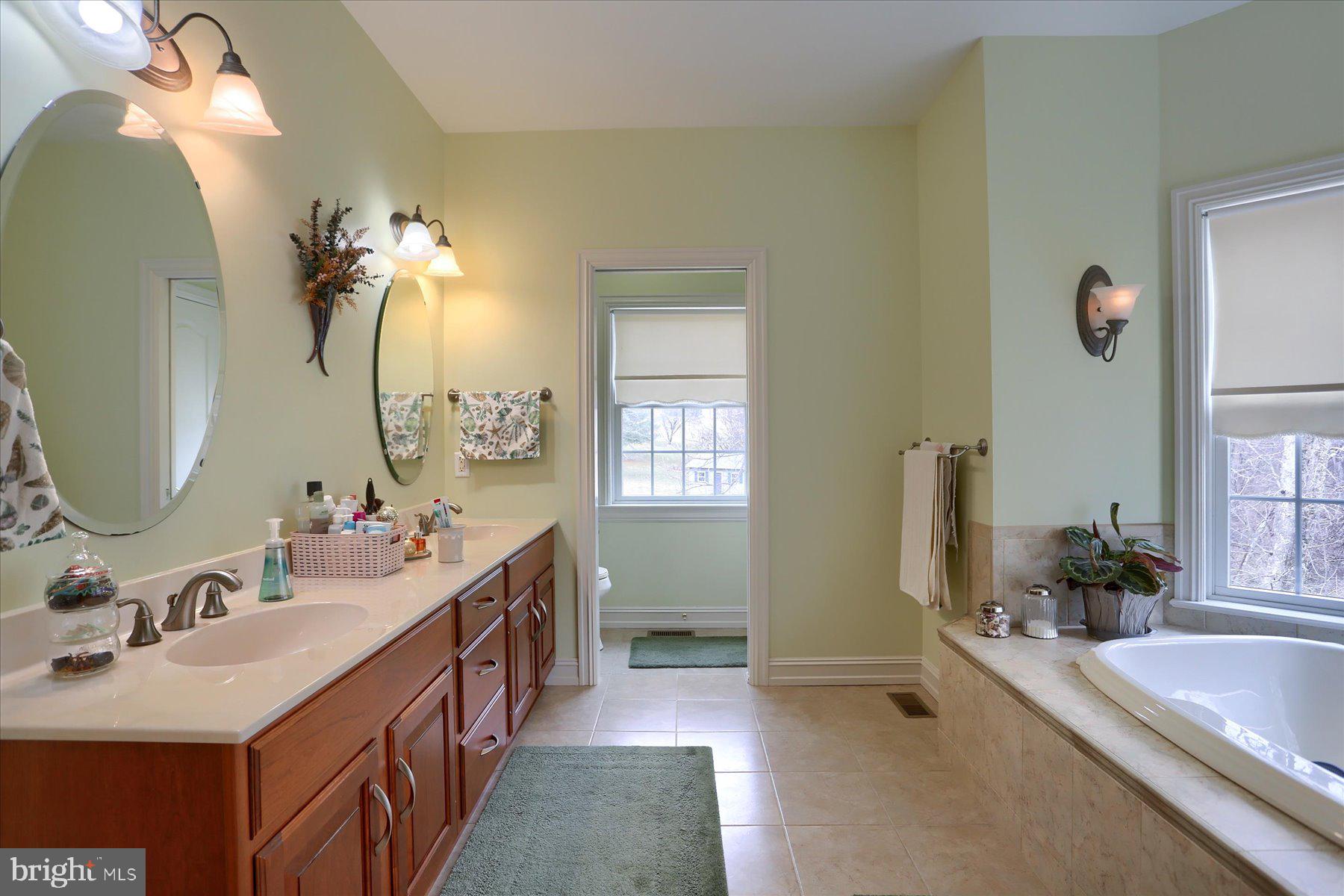 210 South Grantham Road Dillsburg, PA 17019 - Photo 30 of 56 a bathroom with double vanity sinks a large mirror and a bath tub