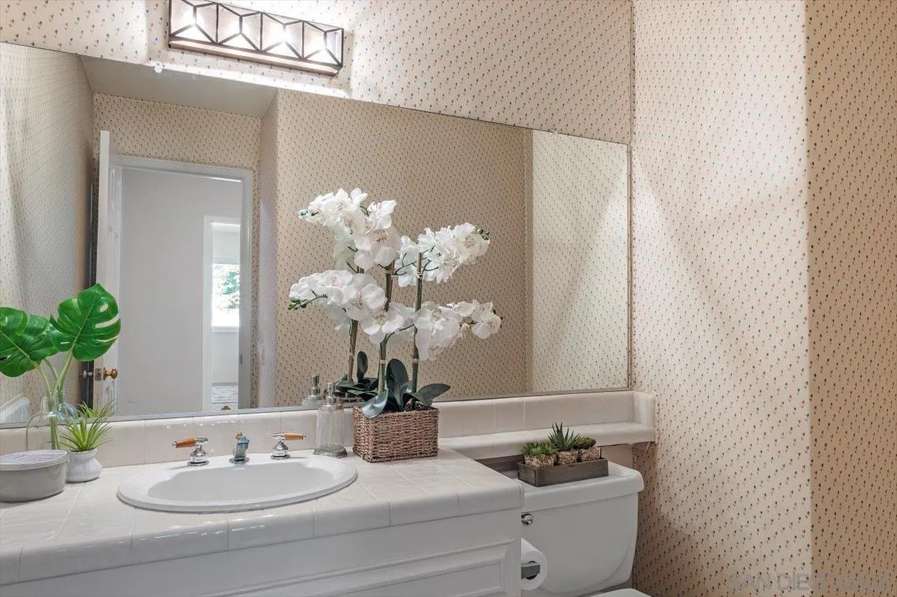 3355 Lower Ridge Road San Diego, CA 92130 - Photo 20 of 31 a bathroom with a sink a mirror and a potted plant