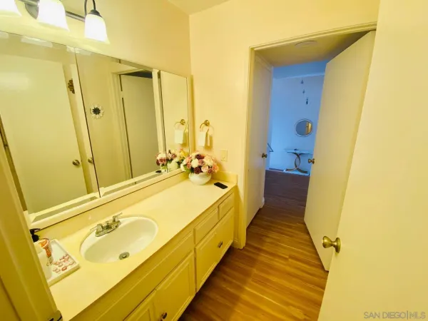 a bathroom with a sink and a mirror