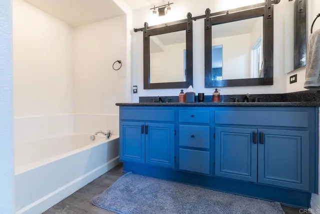a bathroom with a tub a double vanity sink and mirror
