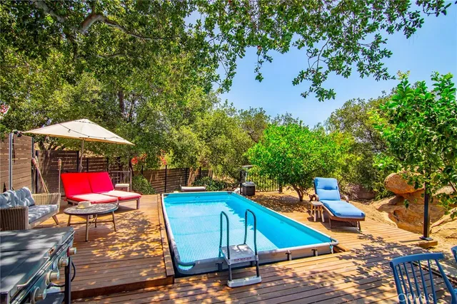 a view of a yard with plants and large trees