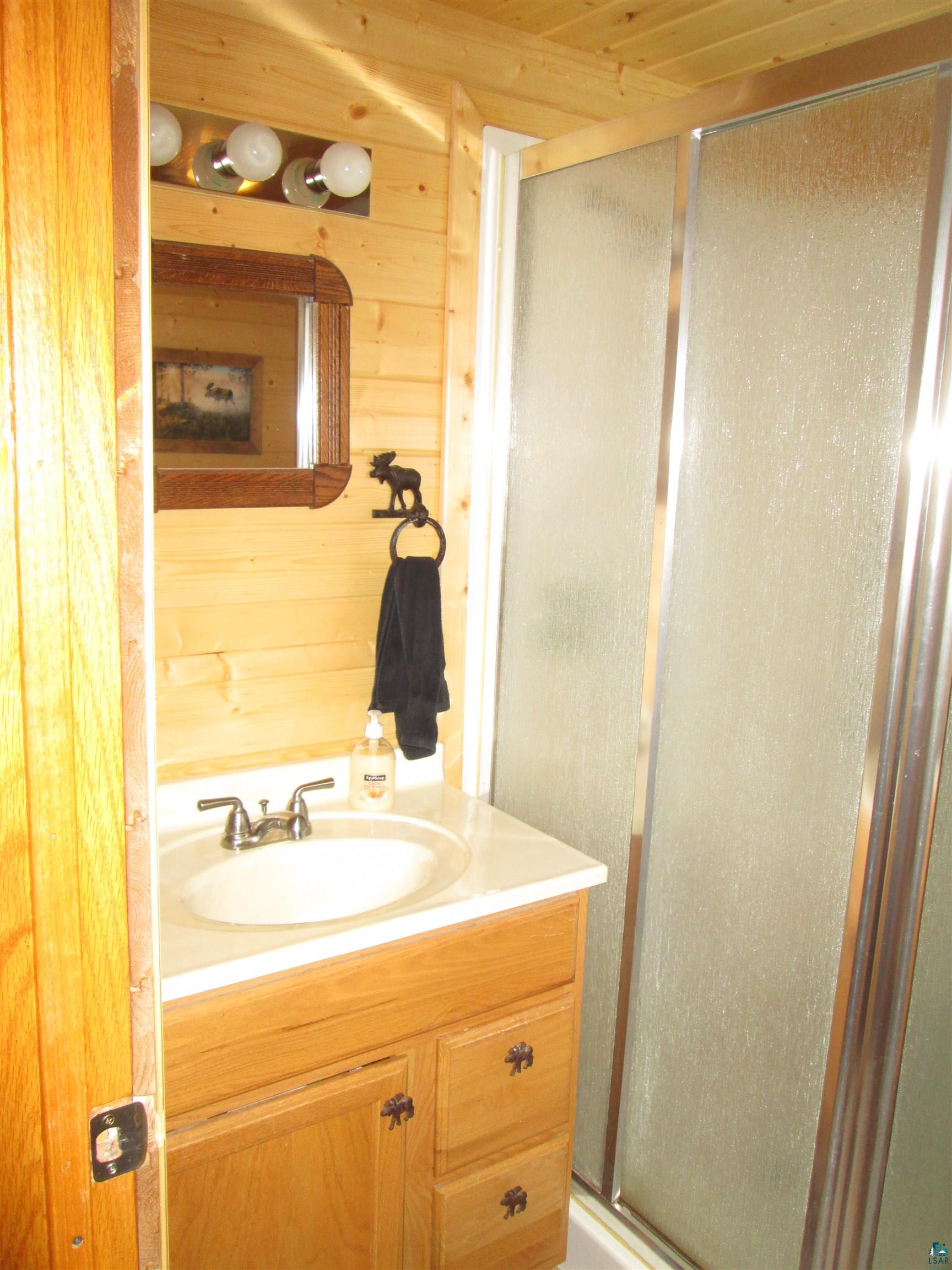 8882 Shortcut Road Lake Nebagamon, WI 54849 - Photo 23 of 47 Bathroom with vanity, wood walls, and a shower stall