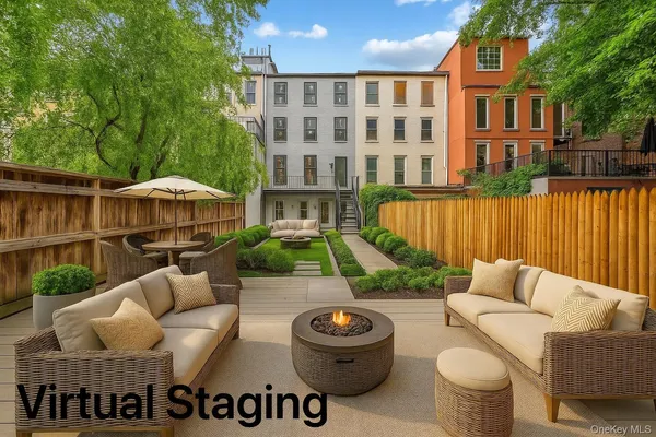 a view of a patio with couches table and chairs and potted plants