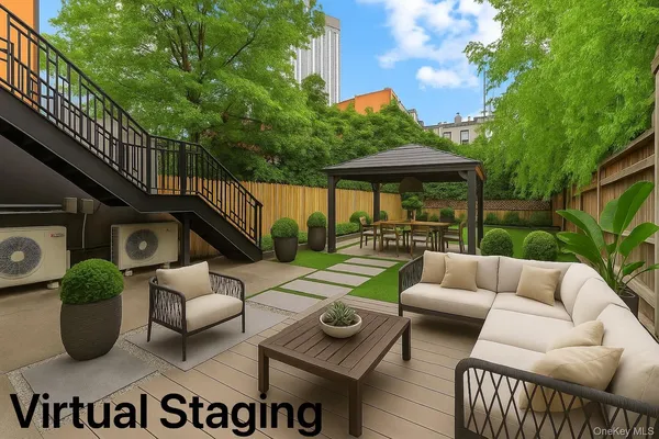 a view of a patio with couches table and chairs and potted plants