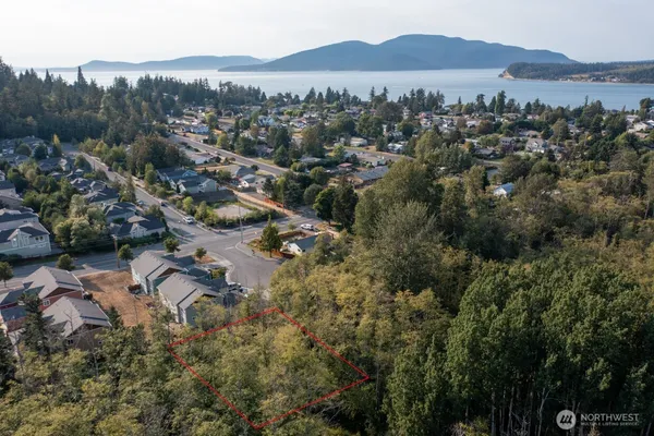an aerial view of residential house with outdoor space and trees all around