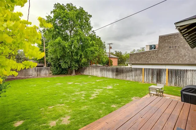 a view of a backyard with plants and wooden floor
