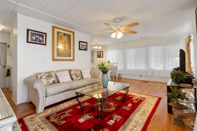 a living room with furniture a dining table and a potted plant