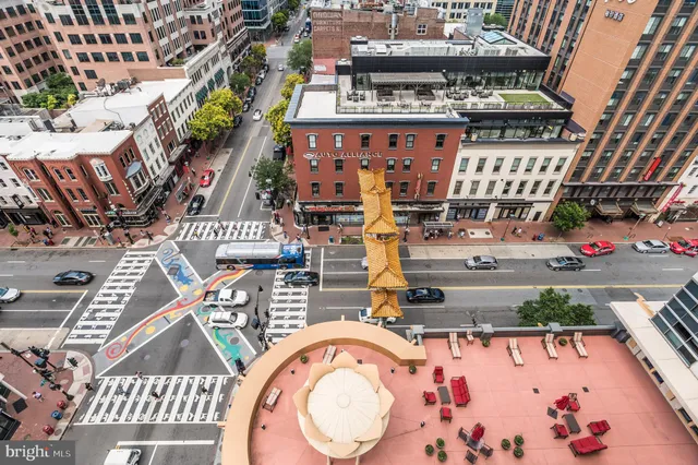 an aerial view of a swimming pool
