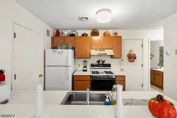 a kitchen with stainless steel appliances a stove a refrigerator and a sink