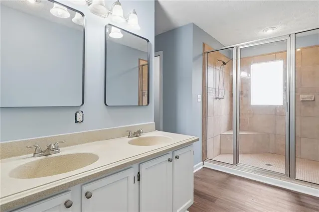 a bathroom with a shower sink and mirror