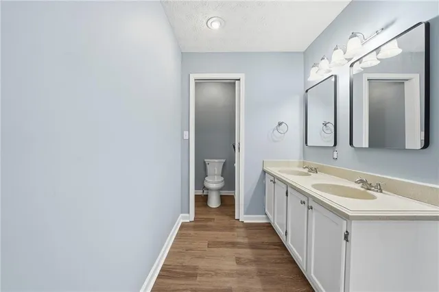 a bathroom with a double vanity sink and mirror with toilet