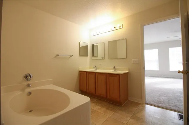 a bathroom with a tub sink and mirror