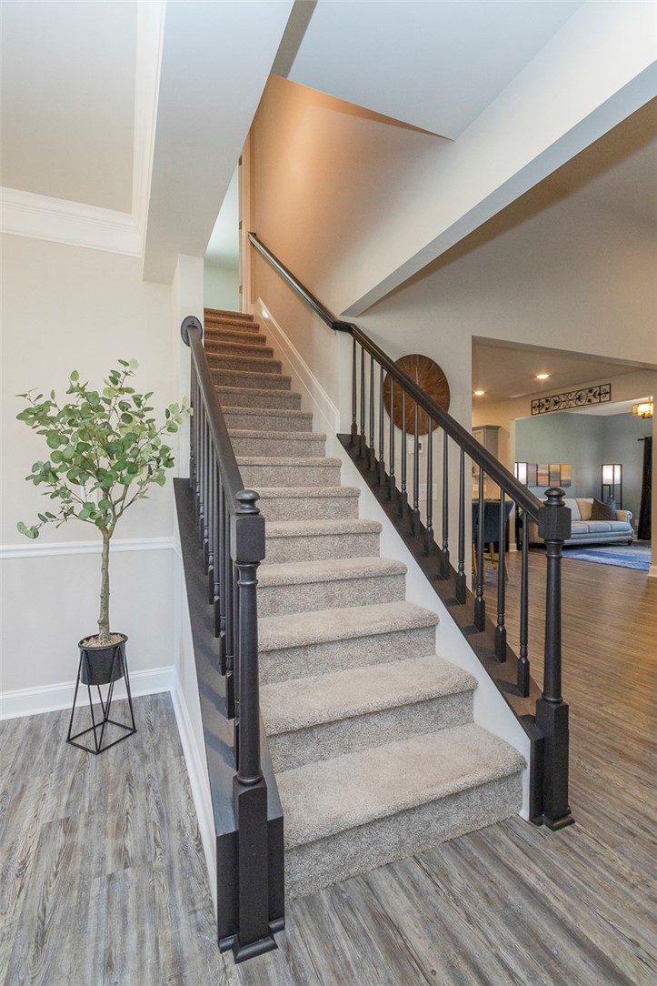 203 Graceview West Anderson, SC 29625 - Photo 28 of 50 Elegant staircase with carpeted treads and hardwood flooring leads to a spacious living area.
