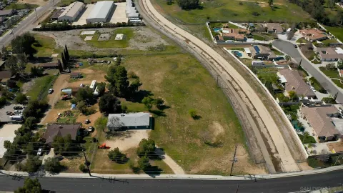 an aerial view of a swimming pool