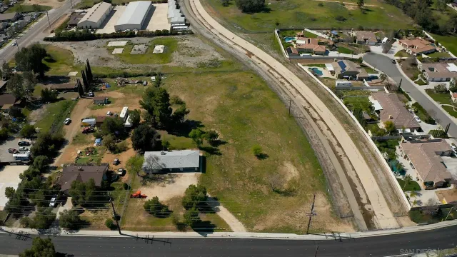 an aerial view of a swimming pool