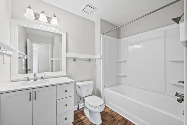 a bathroom with a toilet a sink a mirror a bathtub and vanity