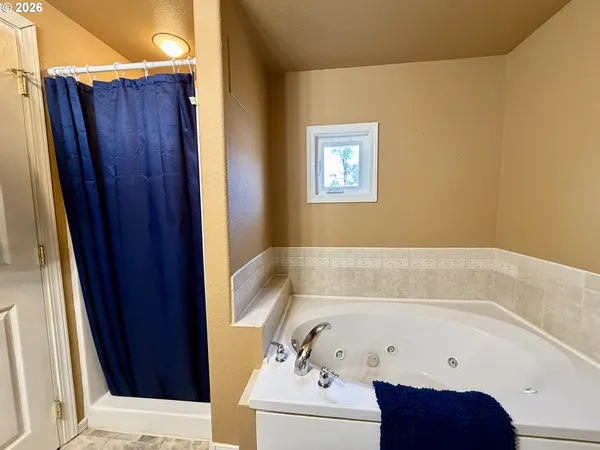 a bathroom with a bathtub and shower