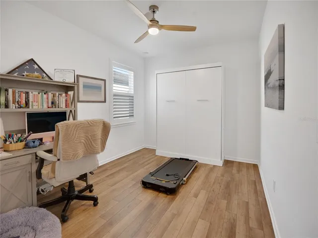 a workspace with wooden floor