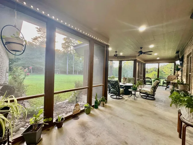 a backyard of a house with large trees and a small yard