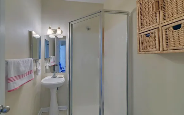 a bathroom with a sink a mirror and a shower
