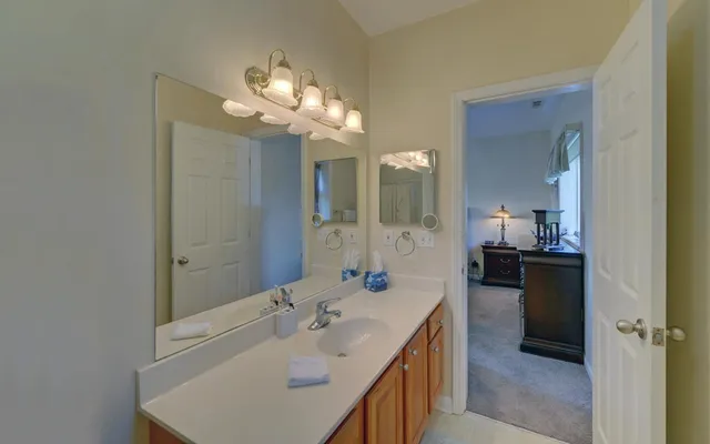 a bathroom with a sink a large mirror and a vanity