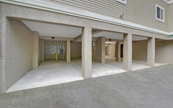 front view of a hallway with wooden shelves