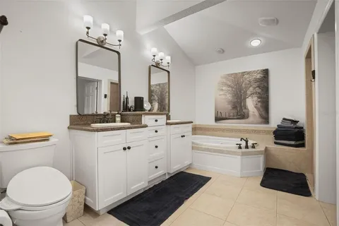 a spacious bathroom with a toilet a sink a mirror a bathtub and vanity