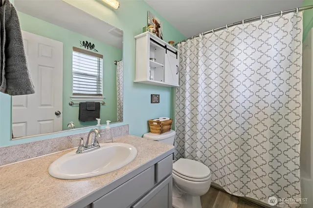 a bathroom with a sink toilet and mirror
