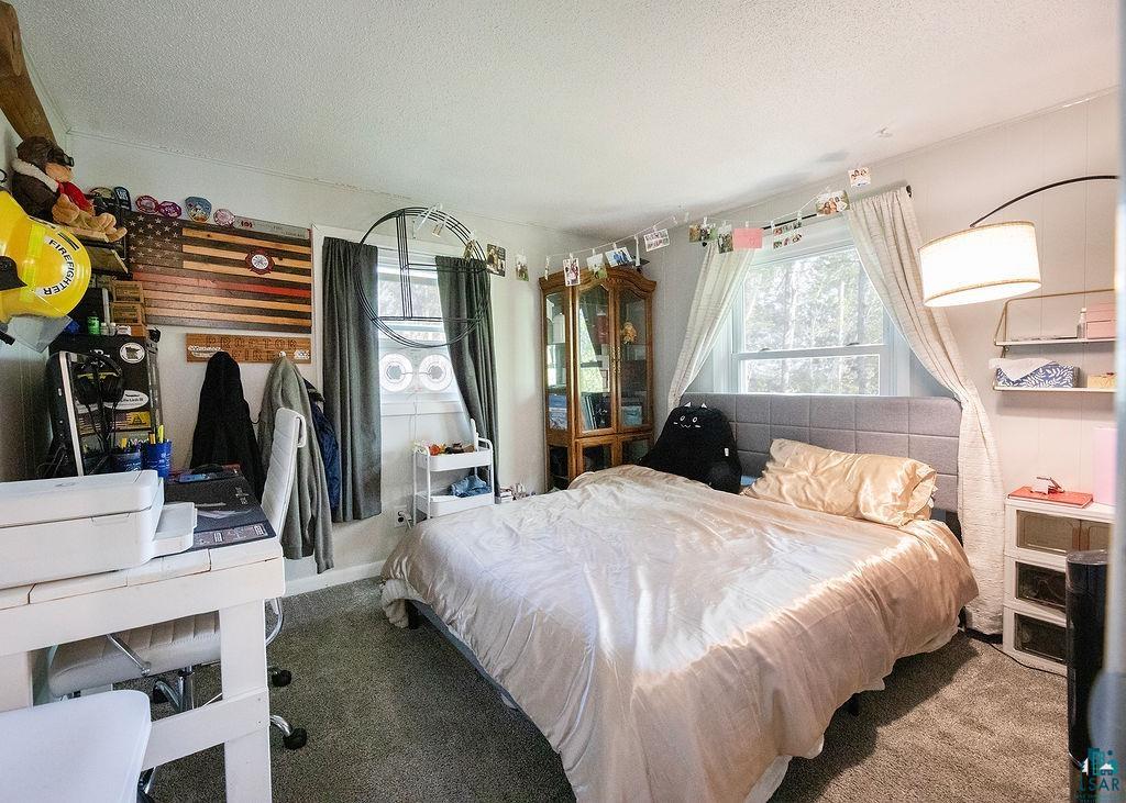 216 13th Street Proctor, MN 55810 - Photo 16 of 18 Carpeted room with a window featuring curtains, a bed with a padded headboard, a white desk, and a built-in display cabinet