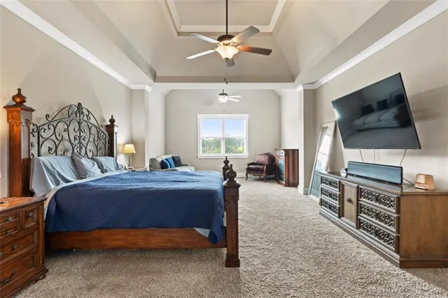 a bedroom with a bed a chandelier and a flat screen television