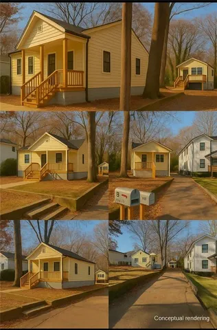 a view of a brick house with many windows