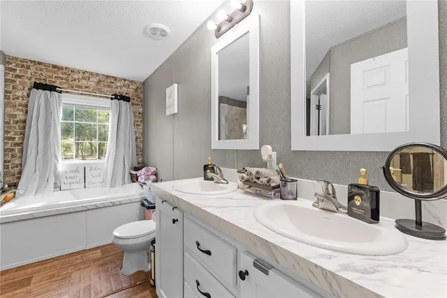 a bathroom with a sink a toilet and a mirror